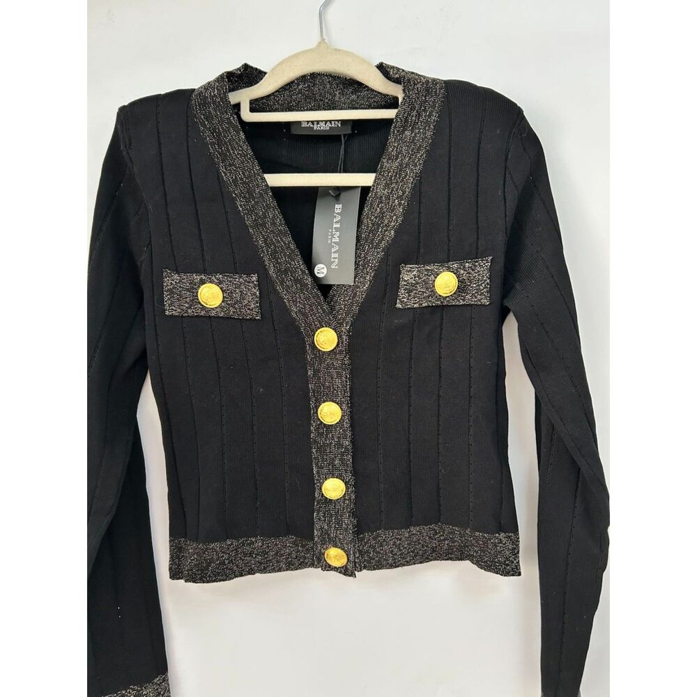 BALMAIN Women's V-Neck Knit Cardigan Coat Fashion Gold Button Top